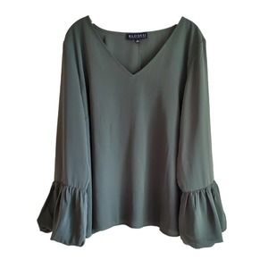 ELOQUII Women's Plus 18 Blouse Olive Green V Neck Chiffon Long Sleeve Bust 48"